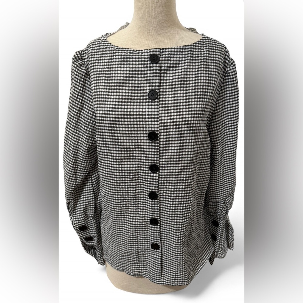 SHEIN Black White Houndstooth Button Front Ruffle Sleeve Blouse Women's XL